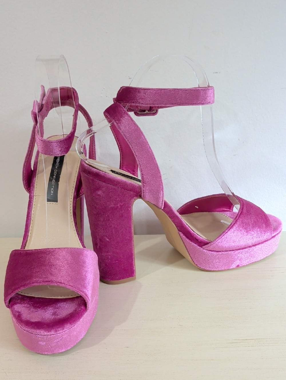 French Connection Pink Velvet Platform Block Heel Sandals Size 7